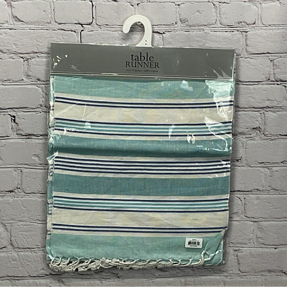 Design Imports Table Runner 14" x 72" Tidal Stripe Fouta Fringed 100% Cotton NWT - Picture 6 of 8